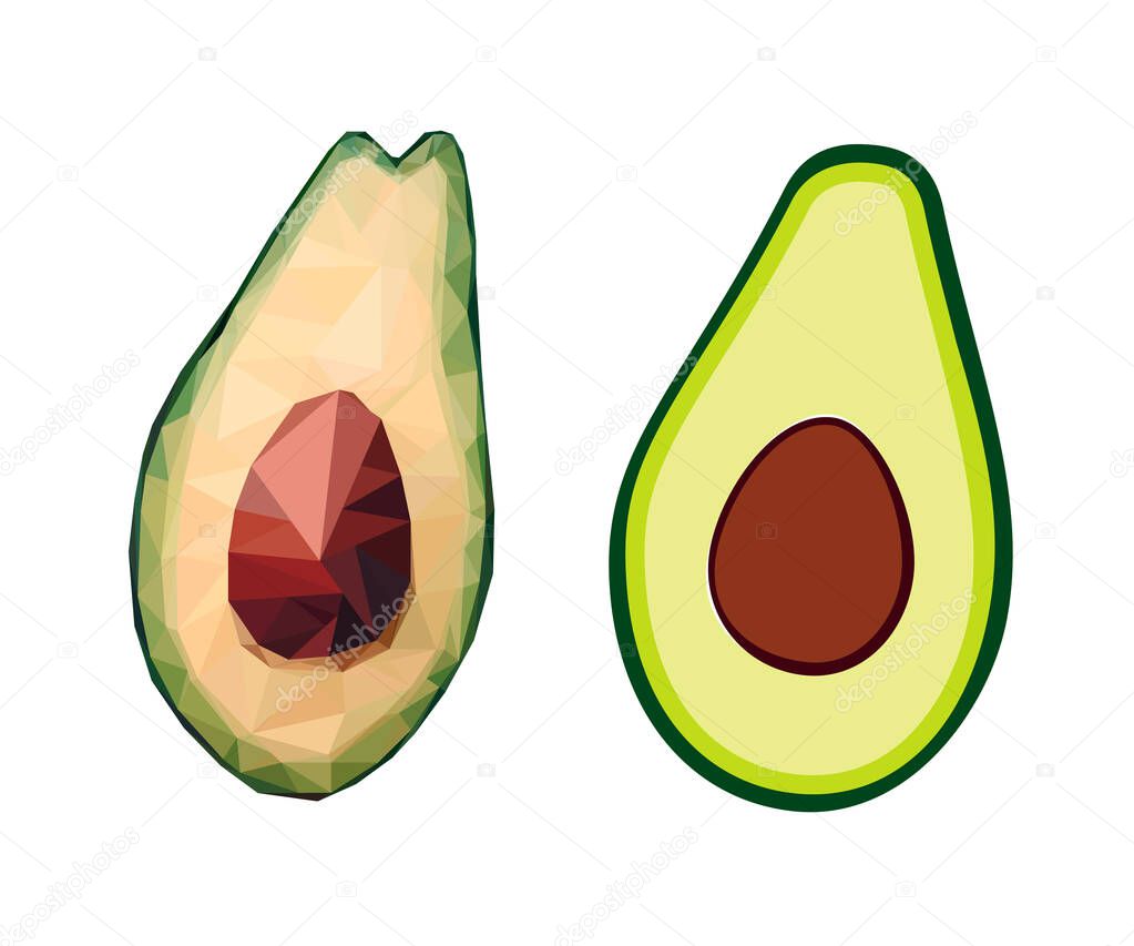 Set Low poly and flat avocado. Vector polygonal sign avocado isolated on white background. Green healthy fruit, proper nutrition, snack, vegetables. Stock food illustration for packaging, advertising