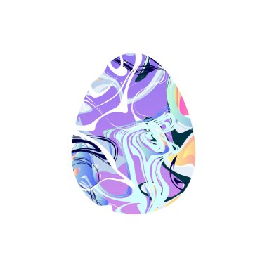 Mermer desenli yumurta. Sıvı doku mutlu paskalya sembolü. Sarı, eflatun, beyaz arka planda izole edilmiş mavi eğimli yumurta. Vektör stok illüstrasyonu, su yüzeyi, ışıltılar, dalgalar, lekeler, lekeler