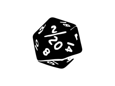 Masa oyunları için Black Dice. Yirmi yüzlü bir figür. Beyaz arka planda izole edilmiş vektör çizimi. Maç sırasında fırlattığın için 20 'lik. Hobiler, eğlence, eğlence
