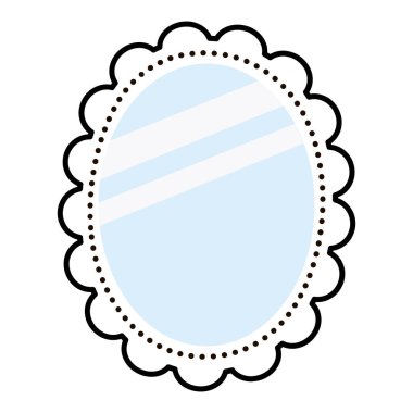 Vektör düz ayna. Minimalist mobilyalı şirin bir illüstrasyon. Beyaz arka planda izole edilmiş mavi parlak camlı ayna. Çizgi roman güzellik aksesuarı. Komik iç mekan Ayrıntısı