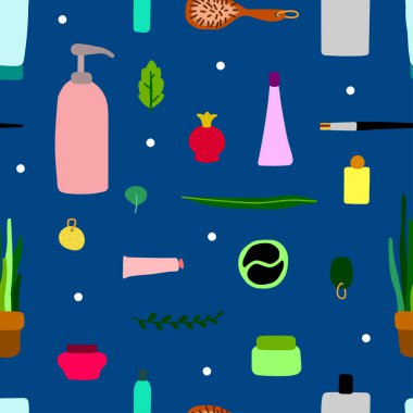 Kusursuz İskandinav vektör deseni. El yapımı kozmetik, makyaj ve bitkiler, klasik mavi arka planda noktalar. Güzellik salonları için hoş bir illüstrasyon, kadınlar günü, tekstil, ambalaj kağıdı. Kişisel bakım