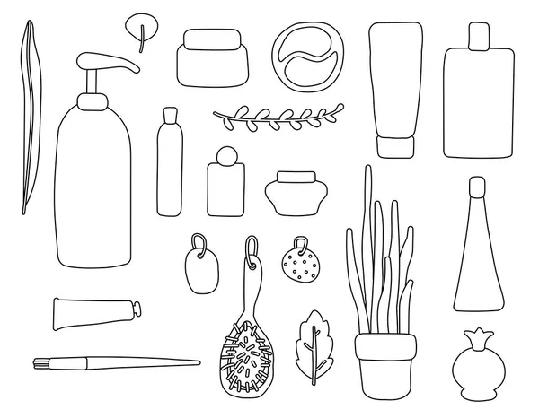 Ensemble Articles Contour Cosmétiques Plantes Décrivez Les Emballages Bouteilles Tubes — Image vectorielle