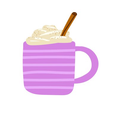 Sıcak İskandinav yemek vektör çizimi. Menekşe kabı sıcak içecek, köpük, krema ve tarçınla doludur. Eggnog, kahve, kakao, çikolata, beyaz arka planda izole edilmiş süt. Kış tatili