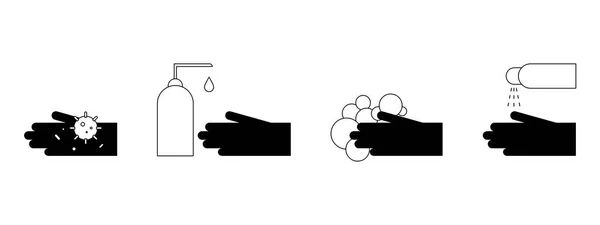 洗洗你的手插图 设置Gyph卫生图标 肮脏的手与细菌 Covid 清洁剂 防腐剂 阻止大流行病的病媒符号 — 图库矢量图片