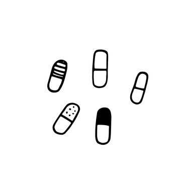 İlaç seti. Farklı şekiller için karalama tabletleri. Beyaz arka planda izole edilmiş ilaç el çizimi tabletli vektör illüstrasyonu. İlaç, tedavi, hastalık önleme belirtileri