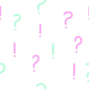 Kusursuz vektör deseni - noktalama işaretleri. Beyaz arka planda elle çizilmiş pembe ve mavi soru işaretleri ve ünlem işaretleri. Okul için karalama dekorasyonu, tekstil, duvar kağıdı, ambalaj kağıdı