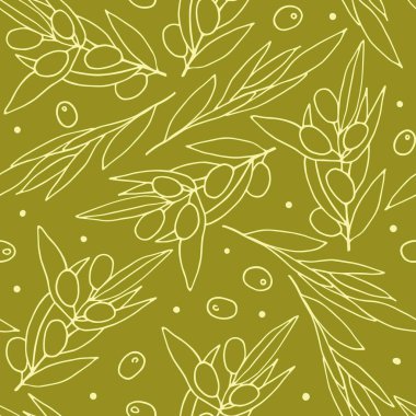 Kusursuz zeytin deseni. Zeytin arka planında beyaz zeytin dalları izole edilmiş. Rastgele düzenlenmiş dut ve zeytin yaprakları. Ambalaj ve ambalaj kağıtları için doğal ürün illüstrasyonunu yönlendir