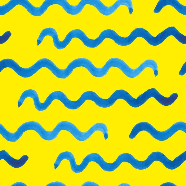 Акварель Безшовний Векторний Візерунок Сині Штрихи Хвилі Фарби Ізольовані Жовтому — стоковий вектор