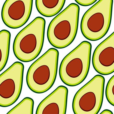 Parmak izi, kumaş ve organik vegan için avokado yarımları olan kusursuz vektör deseni. Düzgün beslenme, yemek, sağlıklı kahvaltı, eko, taze meyve ve sebze. Arkaplan, kartpostal, doku, temel