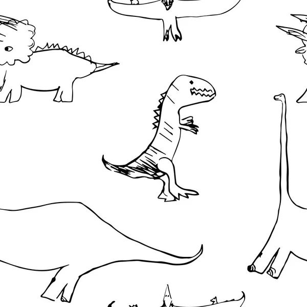 Pterodactyl, tyrannosaurus, triceratops, diplodocus içeren kusursuz bir model. Tekstil, duvar kâğıtları, afişler, posterler, çocuklar için tasarım için beyaz arka planda dinozorların yer aldığı illüstrasyon