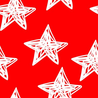 Kırmızı arka planda beyaz noel yıldızlarının pürüzsüz desenleri var. Duvar kağıtları, arka planlar, posterler, ambalaj kağıtları, tekstil için Noel süslemeleri ile yeni yıl el çizimi vektör çizimi.