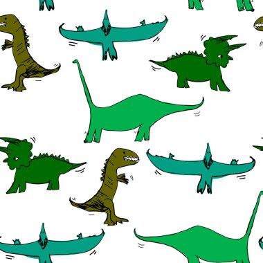 Pterodactyl, tyrannosaurus, triceratops, diplodocus içeren kusursuz bir model. Tekstil, duvar kâğıtları, afişler, posterler, çocuklar için tasarım için beyaz arka planda dinozorların yer aldığı illüstrasyon