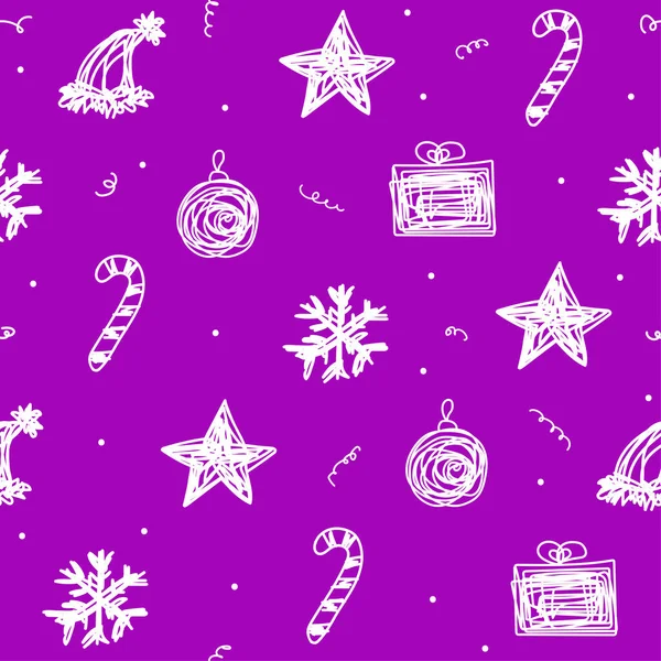 Nahtloses Weihnachtsmuster Vector Neujahrshintergrund Aus Weißen Feiertagssymbolen Handgezeichnete Verworrene Linien — Stockvektor