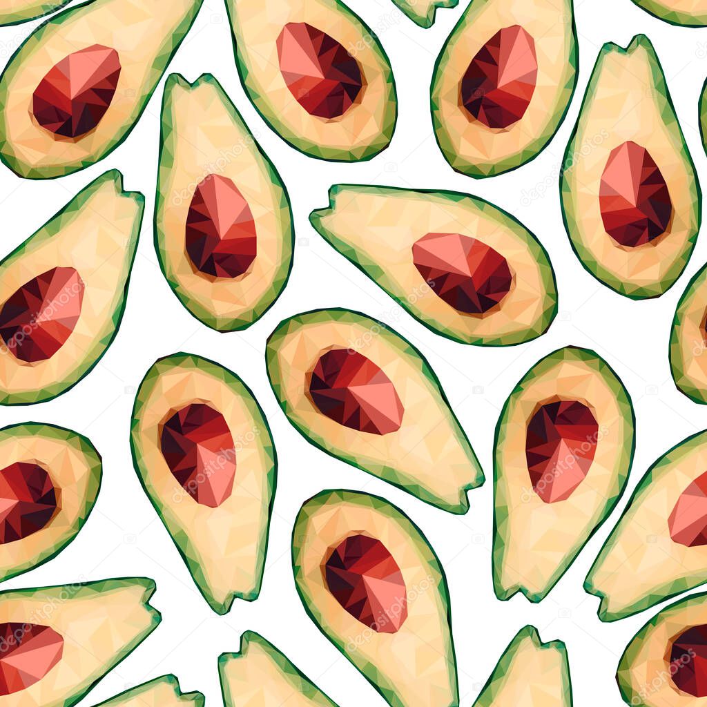 Seamless low poly avocado pattern. Vector polygonal avocado sign isolated on white background. Green healthy fruits, proper nutrition, snacks, vegetables, eat. Food illustration for packaging, textile
