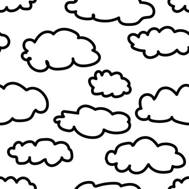 Kusursuz minimalist bulut deseni. Duvar kağıdı, ambalaj kağıdı, tekstil ve çocuklar için tasarım için hoş bir illüstrasyon. Doodle vektörü ayarlandı. El çizimi siyah çizgili bulutlar beyaz arkaplanda izole