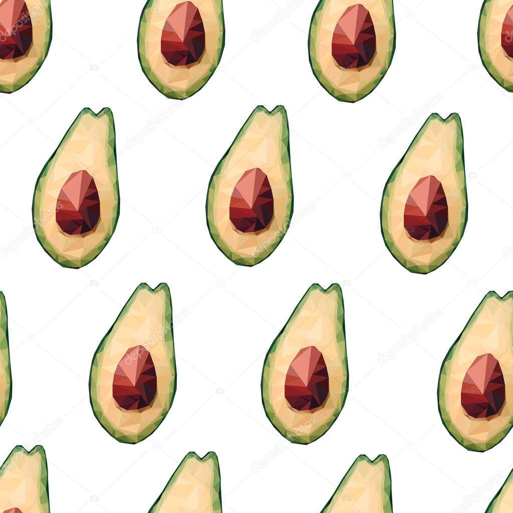 Seamless low poly avocado pattern. Vector polygonal avocado sign isolated on white background. Green healthy fruits, proper nutrition, snacks, vegetables, eat. Food illustration for packaging, textile