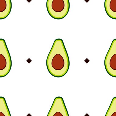 Parmak izi, kumaş ve organik vegan için avokado yarımları olan kusursuz vektör deseni. Düzgün beslenme, yemek, sağlıklı kahvaltı, eko, taze meyve ve sebze. Arkaplan, kartpostal, doku, temel