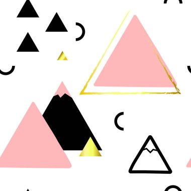 Kusursuz İskandinav vektör deseni. Pembe, siyah, altın geometrik şekiller beyaz arka planda izole edilmiş. Üçgenler, dağlar, yarım daireler. Duvar kağıtları ve ambalaj kağıtları için elle çizilmiş illüstrasyon