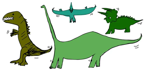 恐竜のセット翼竜 ティラノサウルス トリケラトプス 横隔膜 バナー ポスター 子供のためのデザインのためのベクトルイラスト 色絵文字 ステッカー プリント — ストックベクタ