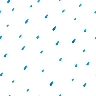 Suluboya kusursuz vektör deseni. Beyaz arka planda izole edilmiş mavi boya darbeleri. Suluboya lekeleri, sıçrama, yağmur, su, damla. Boya süsü. El çizimi Konforlu Vektör stok çizimi