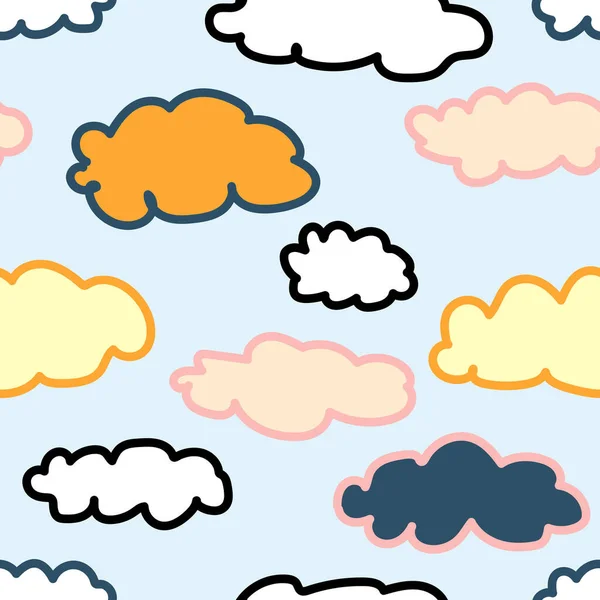 Colorful Clouds Seamless Vector Pattern Cute Scandinavian Doodle Background Wallpaper — Stock Vector