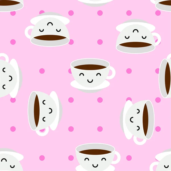 Kawaii Kaffee Oder Teetassen Nahtloses Muster Nette Gepunktete Rosa Hintergrund — Stockvektor