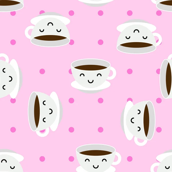 Kawaii kahvesi ya da çay fincanları kusursuz desenli. Beyaz bardaklı, şirin, pembe bir arka plan. Mutlu içecek maskotu. Neşeli yemek karakteri. Gülümseyen dost yüz - vektör Günaydın illüstrasyon