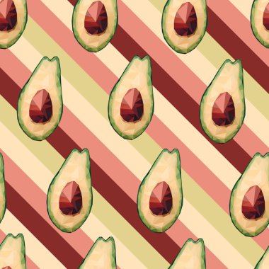 Kusursuz düşük polyester avokado deseni. Burgonya renkli çizgili arka planda çokgen avokado taşıyın. Yeşil sağlıklı meyveler, düzgün beslenme, atıştırmalıklar, sebzeler. Paketleme ve tekstil için gıda çizimi