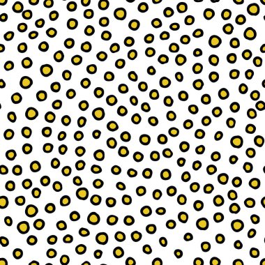 Kusursuz nötr kalıp. Beyaz arka planda sarı merkezli siyah el çizilmiş halkalar. İskandinav süsü. Duvar kağıtları, posterler, ambalaj kağıtları, tekstil için daireleri olan vektör illüstrasyonu