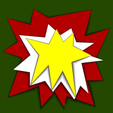 Kağıt Kesiği Vuruşu. Vektör hisse senedi çizimi, patlama ya da selamlama biçiminde. Patlamanın karikatür görüntüsü. Kırmızı, beyaz, sarı yıldız. Renk etiketi Bang. Dizayn ögesi olarak kullanılabilir veya kusursuz desen olarak.