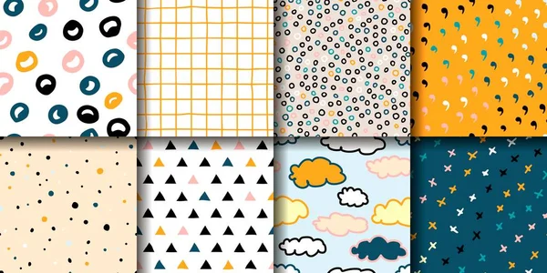 8 tane pürüzsüz kalıp. İskandinav minimalist tarzında sekiz pastel çok renkli süs. Parmak izleri, duvar kağıtları, kartpostallar, ambalaj kağıtları, iç mekan ve tekstil için el çizimi geometrik arkaplanlar