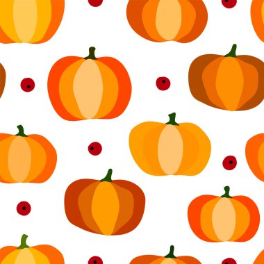Sonbahar dikişsiz balkabağı deseni. Bal kabakları, beyaz arka planda yaban mersini. Duvar kağıdı, tekstil ve ambalaj kağıdı için sezonluk vektör çizimi. Cadılar Bayramı ve Şükran Günü için sonbahar resmi