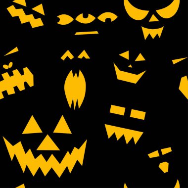 Siyah arka planda cadılar bayramı korkunç balkabaklarının kusursuz deseni. Komik, ürpertici, gülen yüzler. Mutlu Cadılar Bayramı bayramı sembolü. Parlak gözlü karakterler. Ürkütücü sonbahar vektörü düz illüstrasyon