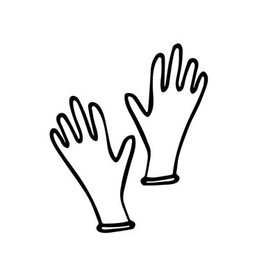 Lastik eldivenler. Beyaz arka planda elle çizilmiş lateks eldivenler. Virüslere, bakterilere, pisliğe karşı korunma işareti. Tıbbın, kısırlığın, ev işlerinin, bahçeciliğin sembolü. Vektör illüstrasyonu