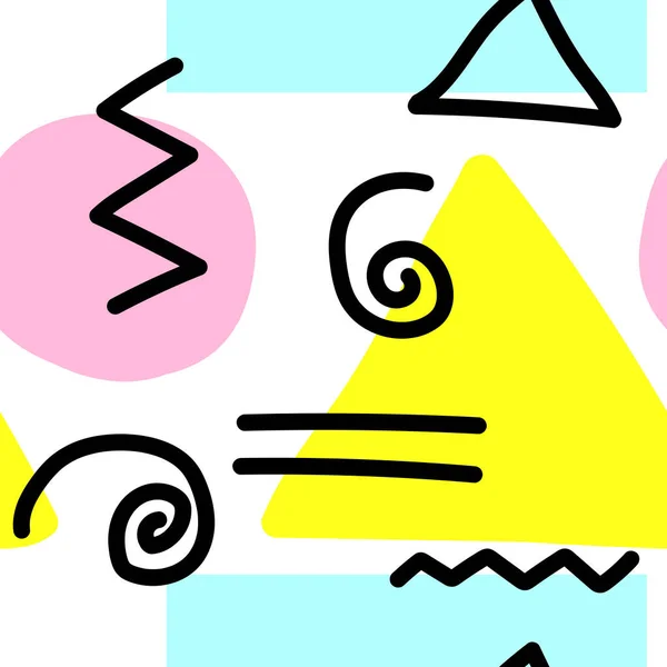 メンフィススタイルのシームレスなパターン ピンク 黒の幾何学的要素 白い背景に円 三角形 正方形 ジグザグ ストライプ スパイラル ポスター — ストックベクタ