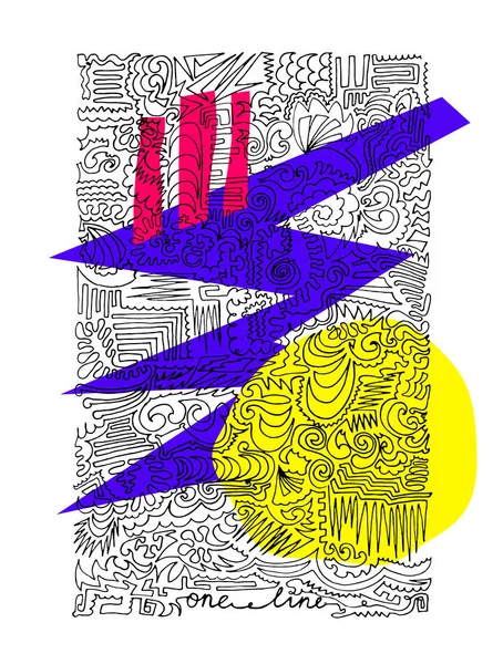 Soyut vektör bir çizgi posteri. Siyah çizgili tek çizgi çizimi. Sonsuz çizgi ve sarı, pembe, mor geometrik şekiller beyaz arka planda. Baskı için pasaport içeren satır sanatı çizimi