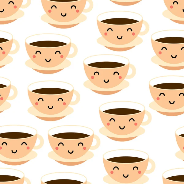 Kawaii Kaffee Oder Teetasse Nahtloses Muster Tasse Mit Einem Heißen — Stockvektor