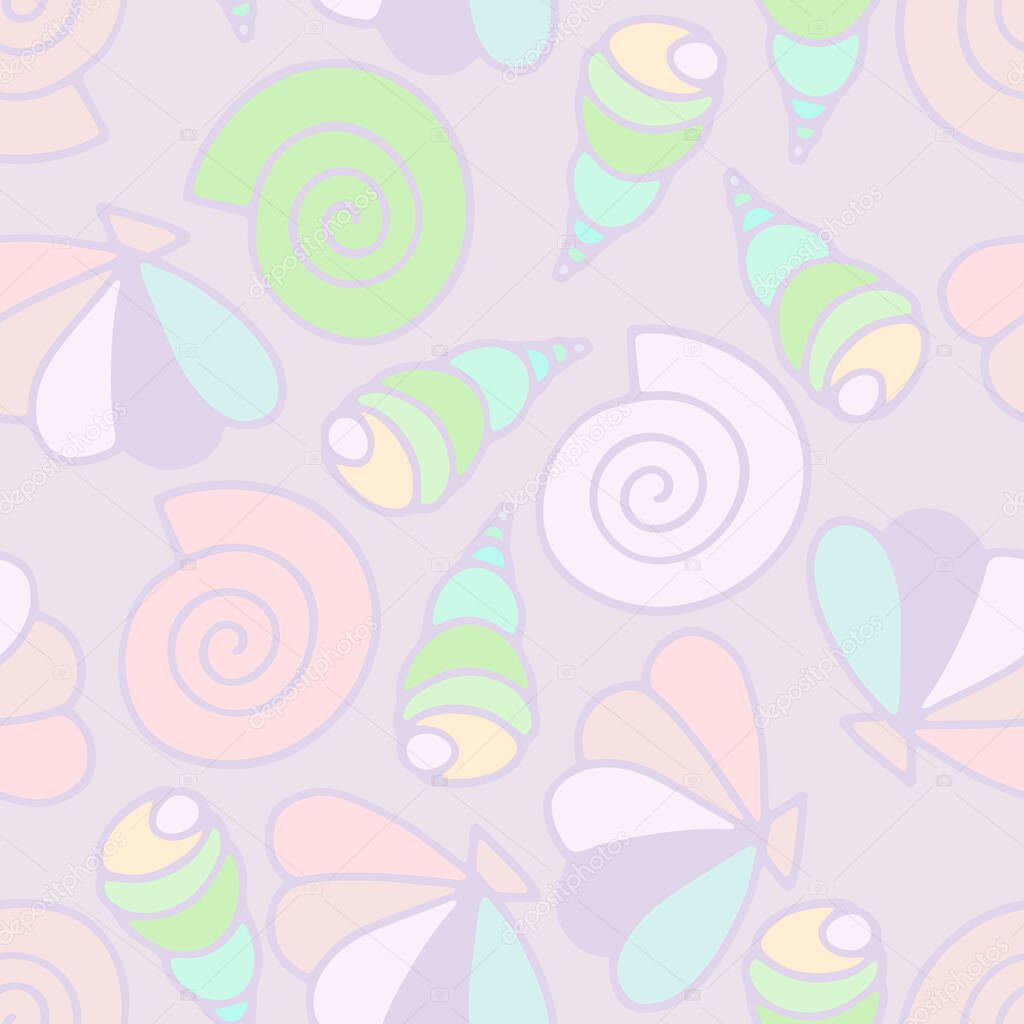 Seashells seamless vector summer pattern. Pastel colors sea snails on lilac background. Illustration with random light cartoon shells for wallpaper, wrapping paper, textile, summer decoration, clothes