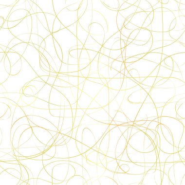 Kusursuz dağınık altın desenli. Beyaz arka planda izole edilmiş eğimli ve kıvrımlı altın çizgiler. Karışık parlak çizgili vektör soyut hisse senedi çizimi. Dağınık el yapımı fırça hareketi