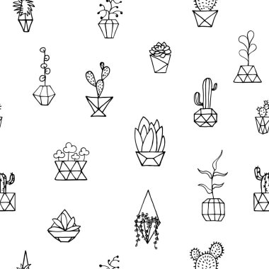 Sivri uçlu ot desenli karalama bitkisi. El yapımı yapraklar, sulandırıcılar, kaktüsler, polyester saksı. Beyaz arka planda izole edilmiş ev bitkileri. İç mekan için sevimli illüstrasyon çokgen ögesi