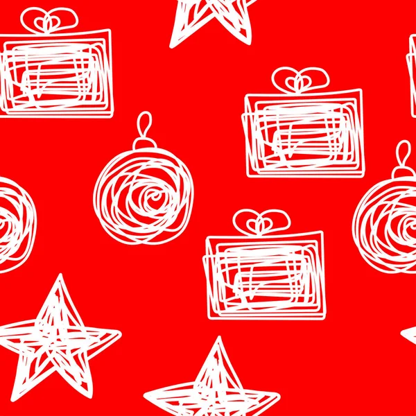Weiße Weihnachtskugeln Und Geschenke Nahtloses Muster Auf Rotem Hintergrund Neujahr — Stockvektor