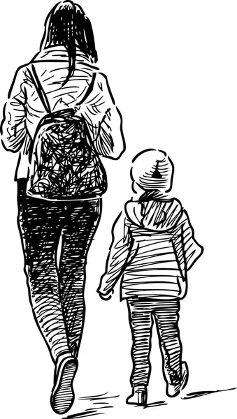 Kroki bir onunla genç anne çocuk — Stok Vektör
