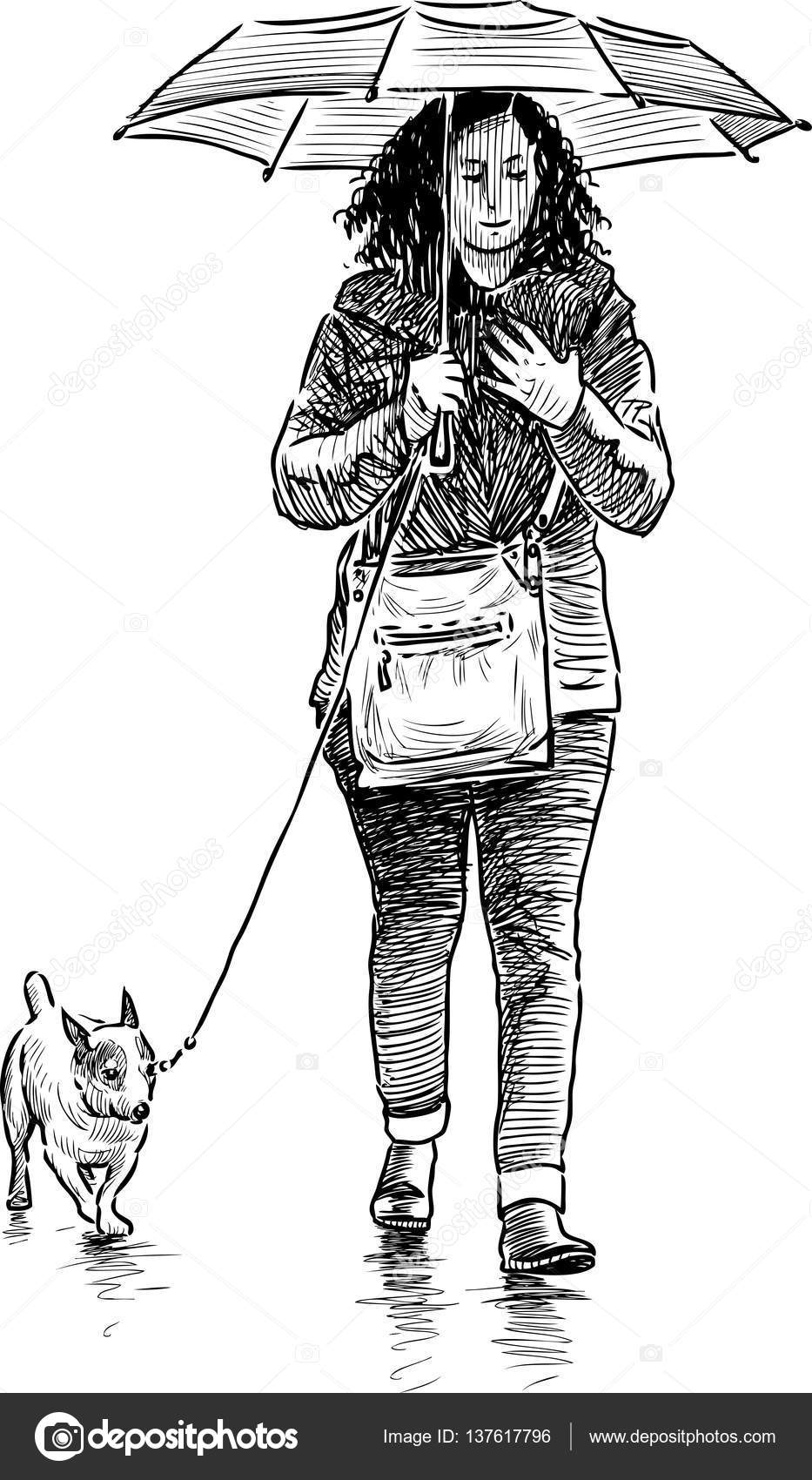 Girl With Her Dog Walk In The Rain Stock Vector C Samakarov Mail