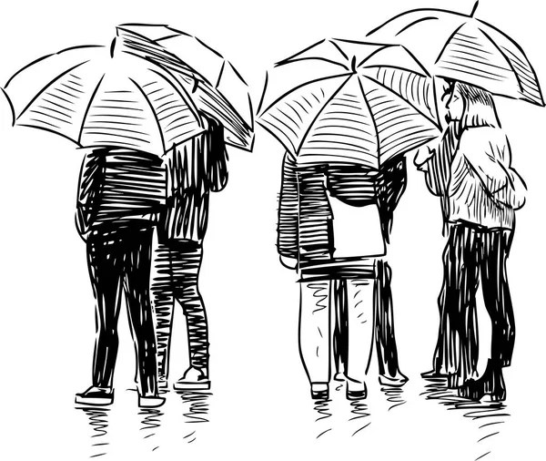 Schets van het volk onder de paraplu 's — Stockvector
