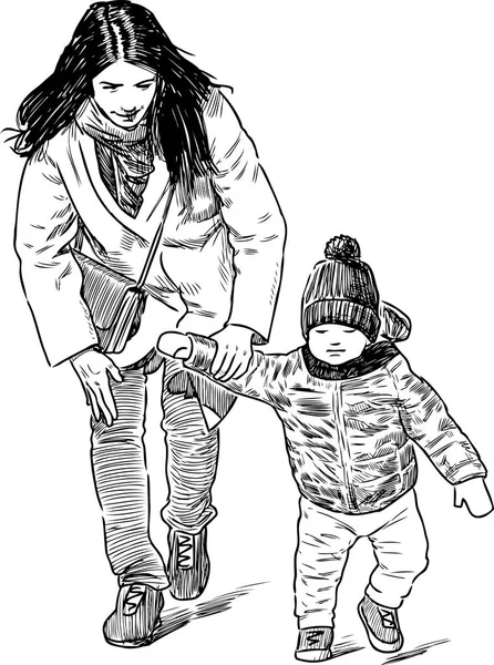 Genç anne çocuğunu yürüyüş ile — Stok Vektör