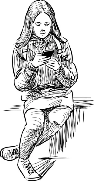 一个少女与智能手机的素描 — 图库矢量图片