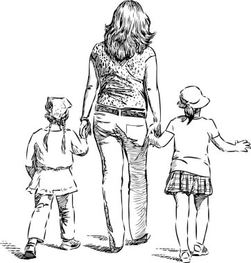 A woman with her daughters go for a stroll clipart