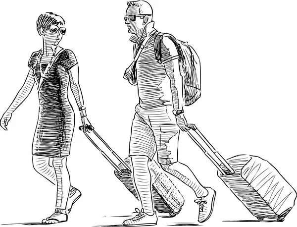 Skizze Eines Urlauberpaares Mit Gepäck — Stockvektor