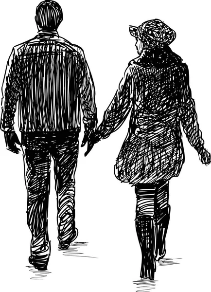 Skizze Eines Stadtpaares Bei Einem Spaziergang — Stockvektor