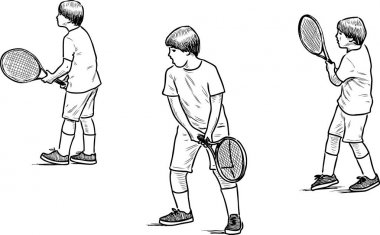 Sketches of a teen boy playing tennis clipart